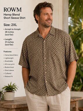 ROWM Hemp Blend Men's 2XL Brown  Print Button Front Short Sleeve Shirt NWT